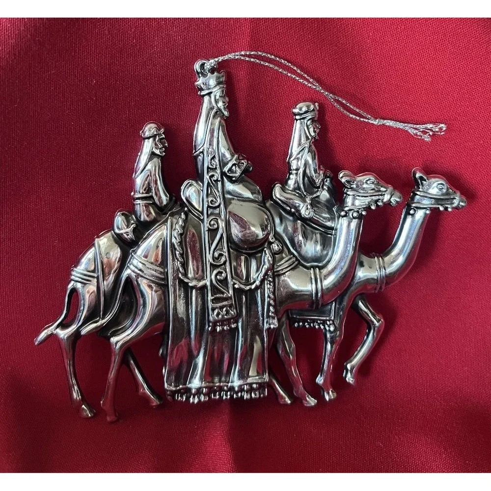 Vintage Silver-Tone Plastic Three Wise Men Camel Medieval Nativity Ornament 6.5